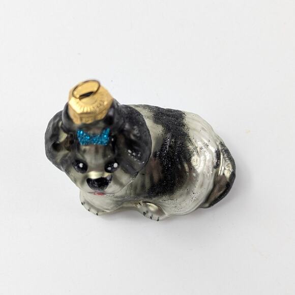 Shih Tzu Dog Handblown Glass Ornament Christmas Tree Black Silver Poland Glitter - Picture 5 of 11